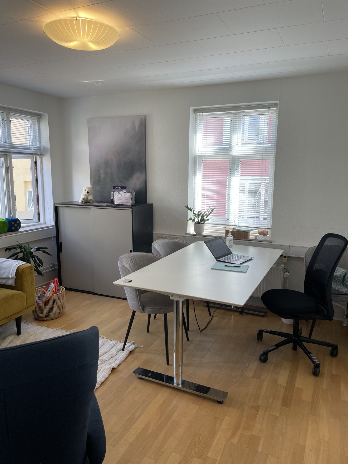 Konsultationsrummet i BU-Praksis med skrivebord og samtaleplads